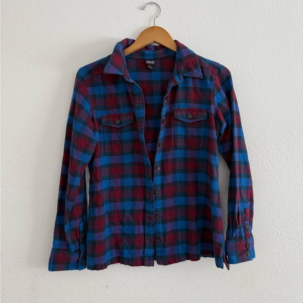 Patagonia Fjord Flannel Plaid Shirt Blue Organic Cotton Long Sleeve Button Down